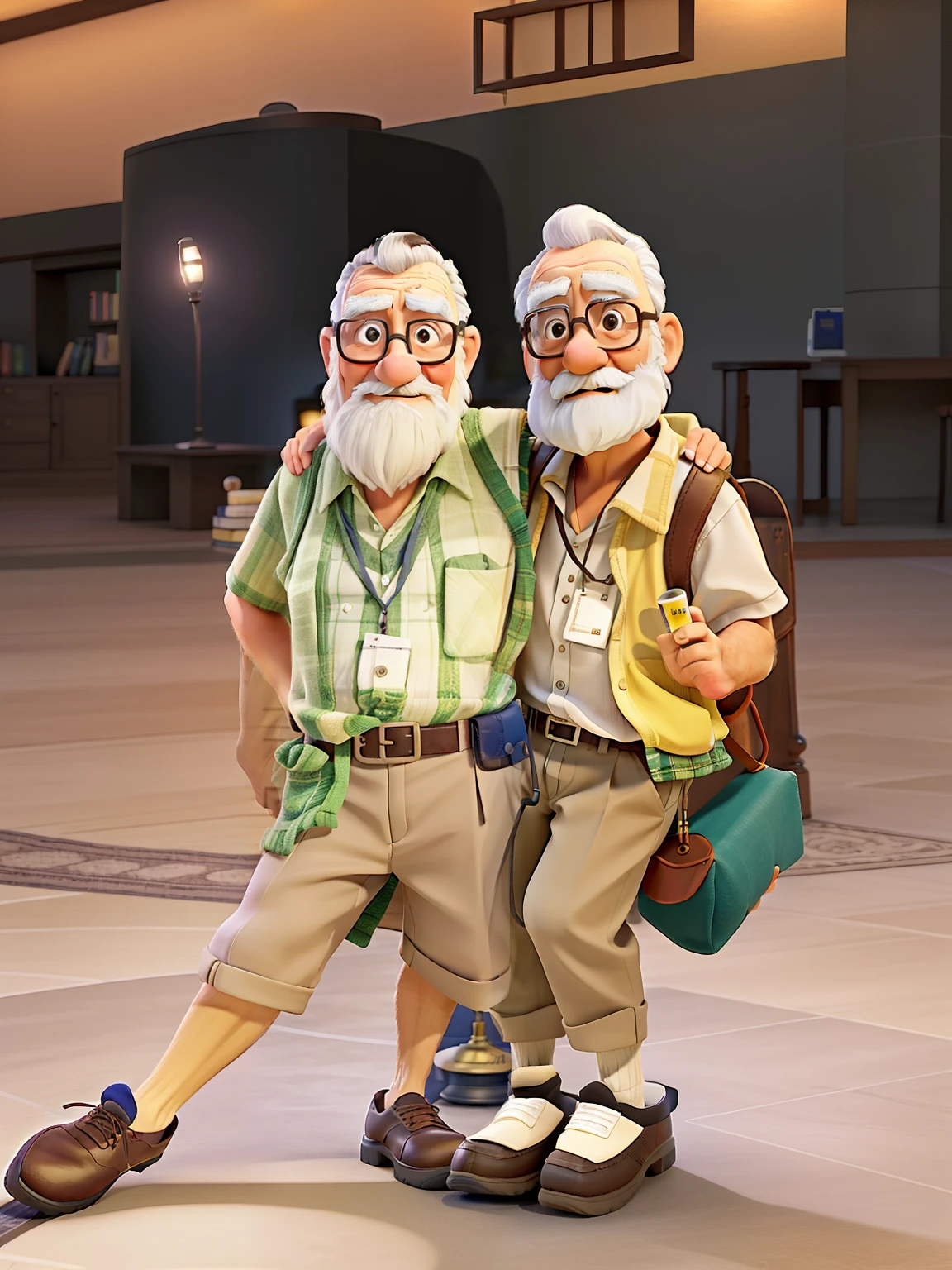 A wise old man standing in front, illuminated by the light of a lamp, tendo como pano de fundo uma biblioteca