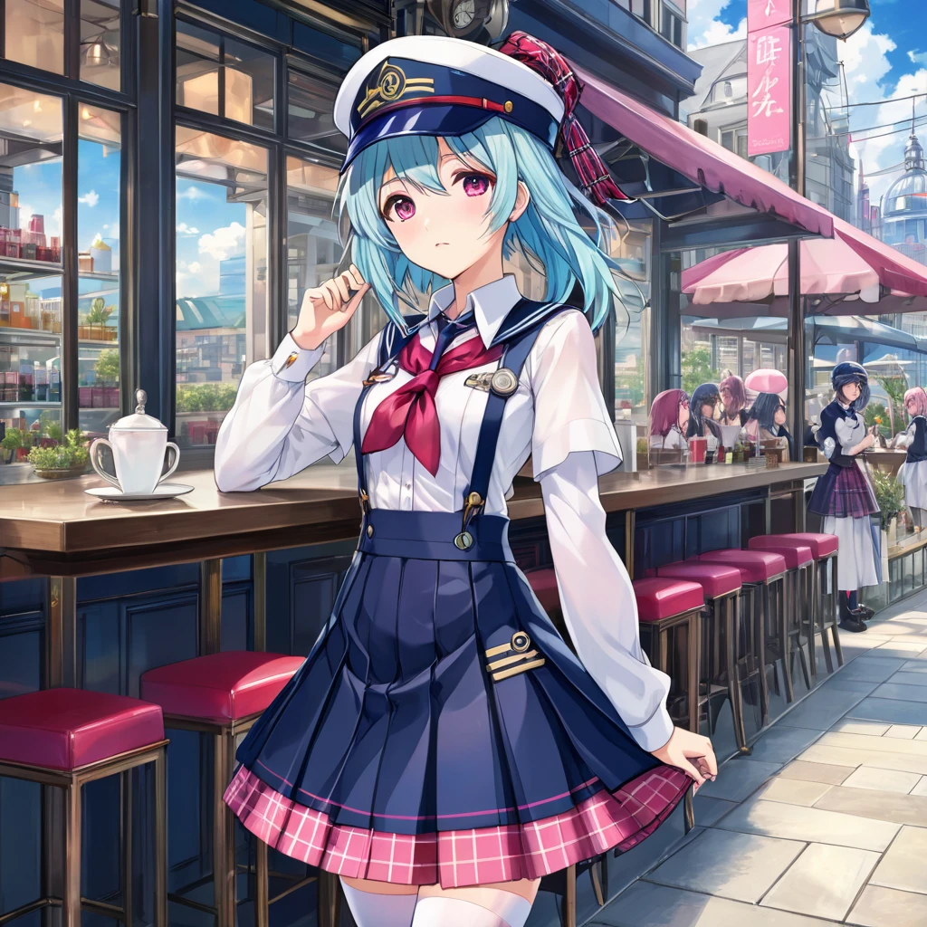 ((masterpiece)), ((highest quality)), ((High resolution)), alone, Minato Aqua, Vtuber , Navy blue uniform with pink accent lines ,White blouse, Red tartan skirt, Navy blue cap with pink lines ,White socks, steampunk, face, curtained hair, Cafes in the city, Parted hair, Silver Hair ,15 years old ,Small breasts