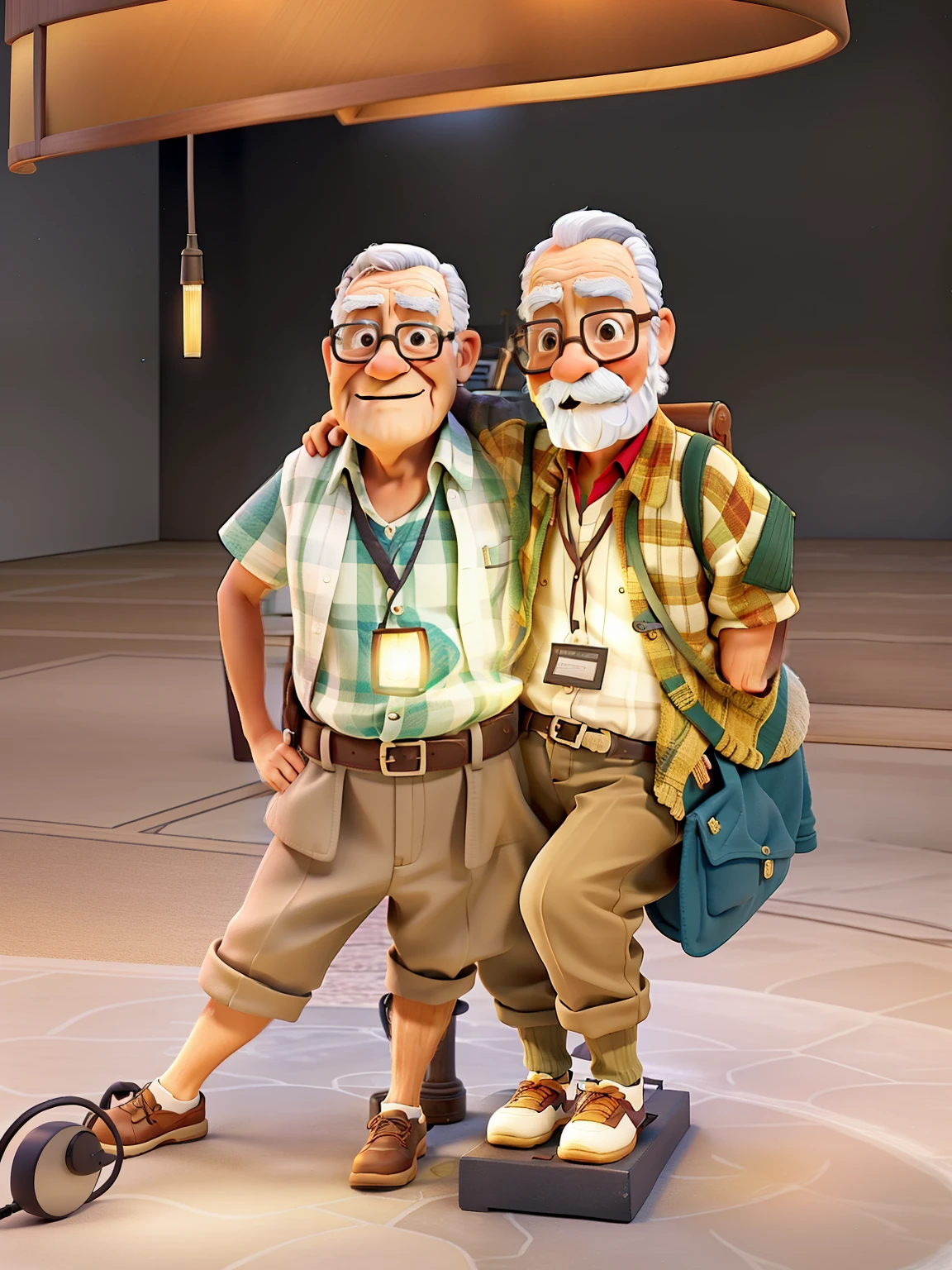 A wise old man standing in front, illuminated by the light of a lamp, tendo como pano de fundo uma biblioteca