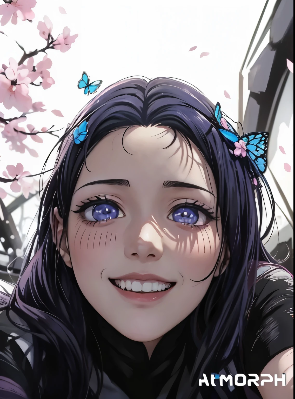 garota de anime com olhos de borboleta e uma camisa preta com uma flor rosa no cabelo, beautiful retrato de anime, retrato realista kawaii, impressionante retrato de rosto de anime, Lindo rosto de anime, anime digital illustration, estilo de arte de anime realista, retrato de alta qualidade, retrato estilo anime, cara de ahegao, retrato de anime, estilo de arte de anime de alta qualidade, rosto de anime detalhado, arte digital detalhada de anime