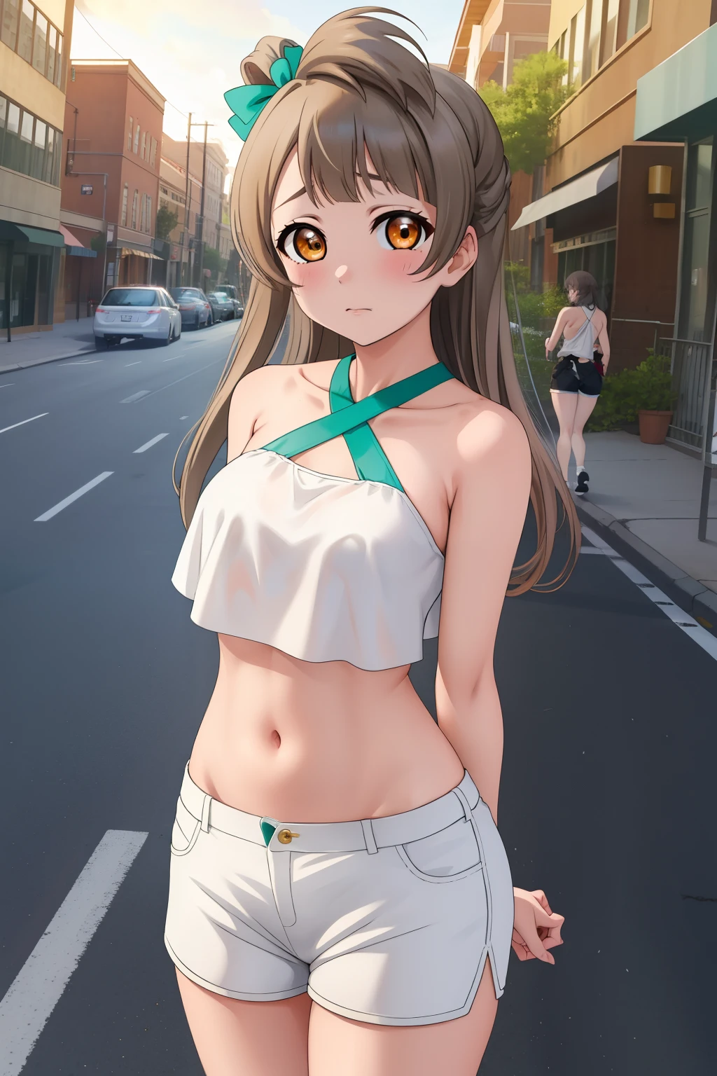 (kinako_(shiratama mochi) style), grass_wonder_\umamusume\), ((topless)), choker, nsfw, masterpiece, denim shorts, buttoned, belt, solo, 1 girl, horse ears, horse tail, erect nipples, nipples, navel, bare breasts, bare stomach, sweaty, full body, high heels, hair ornament, outdoors, new york, broadway, collarbones, night sky, lights, skyscrapers, slim waist, brown hair, long hair, detailed eyes, beautiful eyes, wet, aqua eyes, necklace, gold bracelet, gold cutouts, jewelries, city, smiling