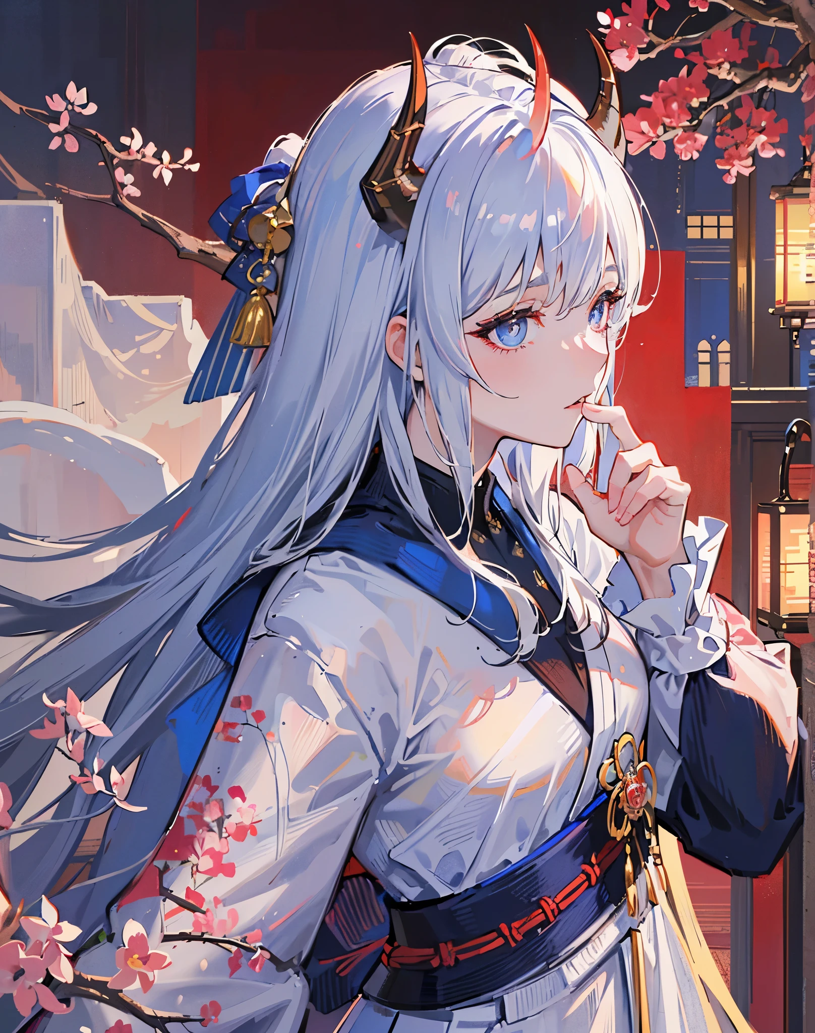 (best quality, high-res, masterpiece:1.2), perfect face, (cold expression), detailed eyes, elegant, (heterochromatic eyes), (curved blue horns), dragon woman, wearing a white and brown elegant kimono, cherry blossom background, long silver hair, side view, looking at viewer