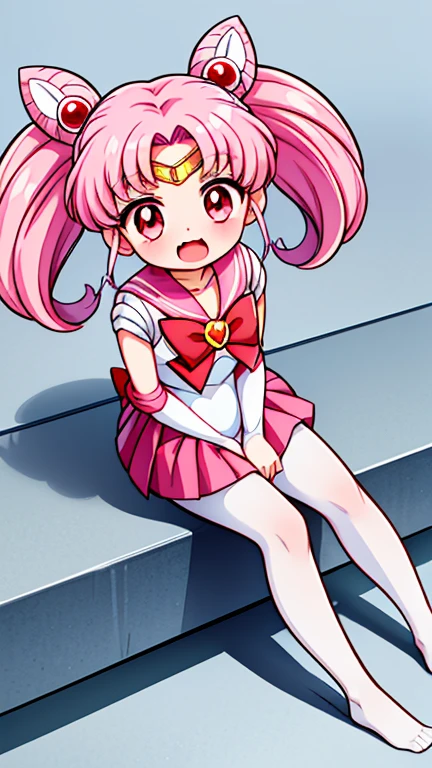 Sailor Moon,young年,Seven years old,cute,(Little Loli),Pink hair twintails,short hair,Sailor Suit,Red bow,White elbow gloves,Red Skirt,No shoes,Open your mouth,laughing out loud,Fangs,(White pantyhose),soles of feet,Soles,(young),(little man),sit