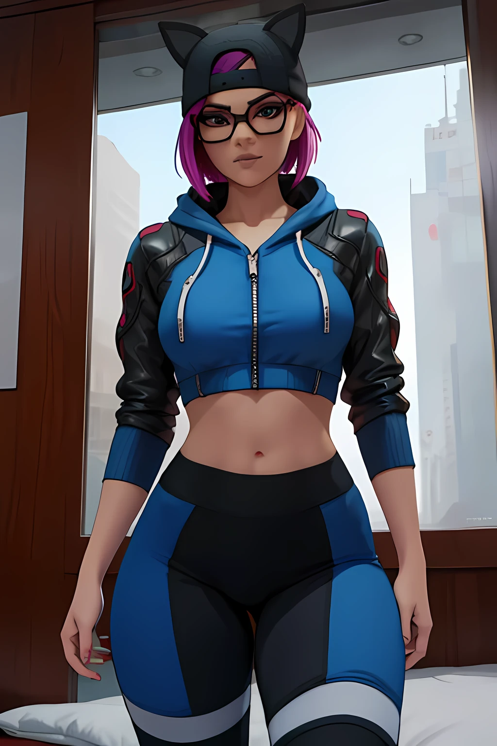 lynx Cyberpunk, Noche, pulsera de picos,gorro de invierno , shorts negro con Azul leggins Negro ,chaqueta azul oscuro ,Extremadamente detallado, rostro detallado, gafas ,hermoso rostro, ojos finos, mirando al espectador, pose femenino.
