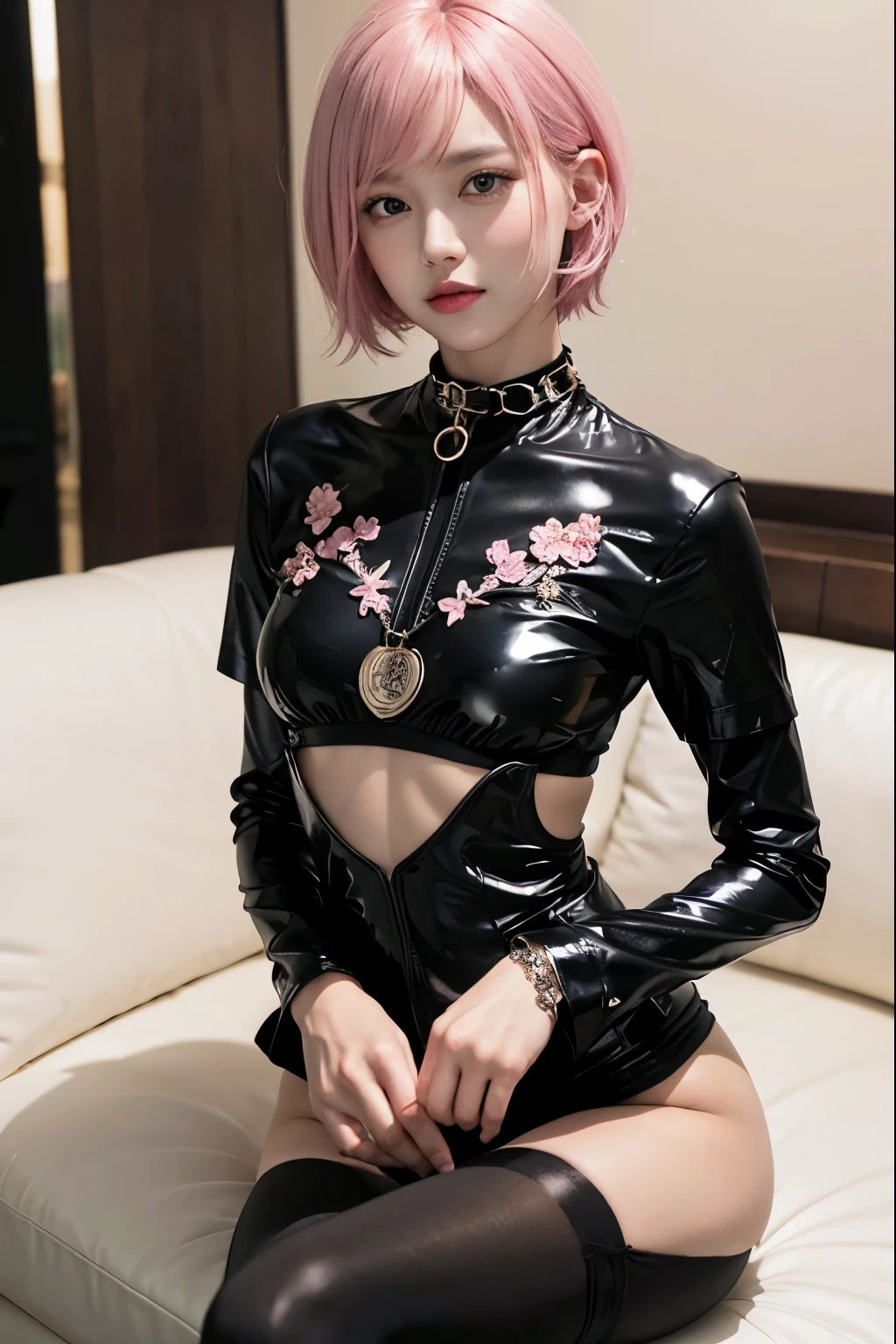 (8K, top-quality, masterpiece:1,2), (reallistic, Photorealsitic:1.37), Super Detail, One girl,), (Highly detailed), (beautifully detailed eyes), (of the highest quality), (super detailed ), (masterpiece), (Detailed face),20yr old, ,1 girl, ((pink hair,Very short hair)), medium breasts, clothed, Perfect Lighting, sensual smile, BREAK (black gradient rubber suit:1.4, Lots of embroidery ) ,(Gloss: 1.5), (black tights: 1.5), fitted silhouette, waistline accentuated, (pink high heels:1.3), simple accessories, choker, bracelet, (Lots of crests:1.5), ((chain, handcuffs, collar)) BRAKE sensuous pose with slightly arched back and head tilted back, arms gracefully extended with curled fingertips, portraying a natural, against a background of a sophisticated interior space with glossy accents and bright colors. Illuminate the scene with soft pink light, gently enveloping the subject, enhancing the sensual ambiance.