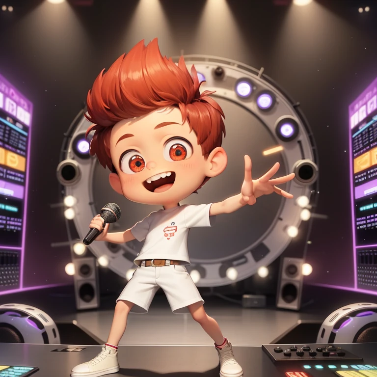 1 chico, cuerpo completo, solo,, Sherman,cabello rojo,Anteojos, Camisa blanca, pantalones cortos negros, hands taking a microphone, sonrisa, cute sonrisa, boca abierta, cantando, escenario,radio station,Grabando un demo o Disco ,Ambiente de jazz relajado,(radio station)