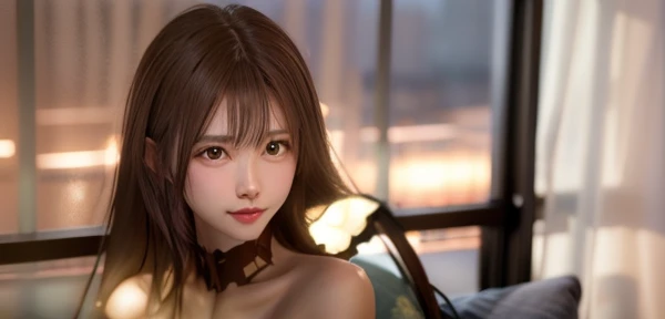 Top quality, high resolution, rain-soaked japanese woman, semi-long brown hair, nude, emphasized cleavage, detailed wet skin and hair, soft rain lighting,Sitting with Knees Up on sofa at living, spread legs