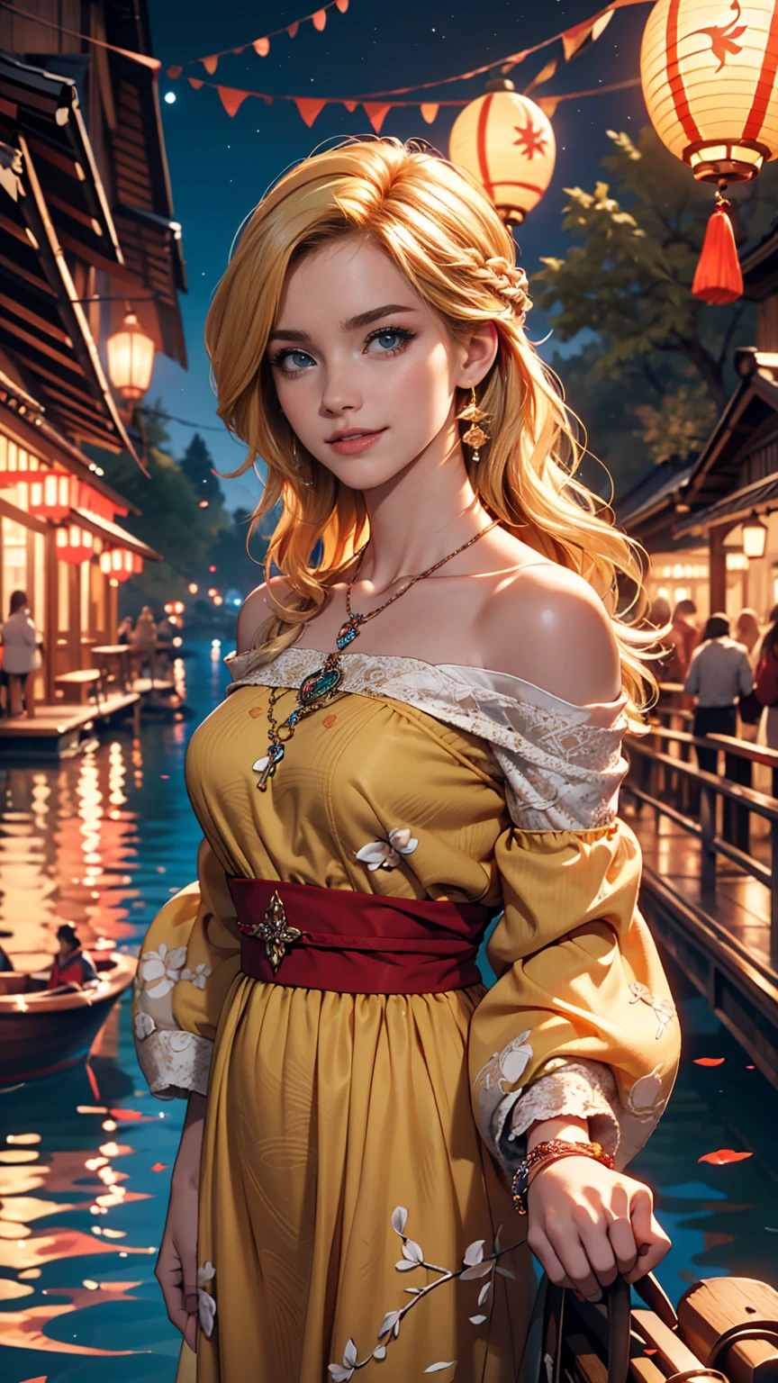 ((最high quality, 8K, masterpiece: 1.3, Ultra HD, high quality, 最high quality, High resolution, realism)) 、A 22-year-old extremely beautiful white woman、Hair color blonde、blue eyeedium Hair、Straight Hair、smile、Slender but well-proportioned body、Background blur((depth of field))、aerial perspective((atmospheric perspective))、I want my head to stay off screen、Wearing accessories on the wrist、Put an anklet on your ankle、Wearing red nail polish、I have a peticure、Disney((Disney))Tangled、Blonde long hair、Wear an off-the-shoulder dress、smile、A lake in the forest、A boat floating in the middle of a lake、Looking up at the many lanterns flying in the night sky