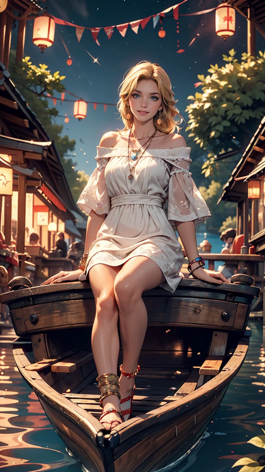 ((最high quality, 8K, masterpiece: 1.3, Ultra HD, high quality, 最high quality, High resolution, realism)) 、A 22-year-old extremely beautiful white woman、Hair color blonde、blue eyeedium Hair、Straight Hair、smile、Slender but well-proportioned body、Background blur((depth of field))、aerial perspective((atmospheric perspective))、I want my head to stay off screen、Wearing accessories on the wrist、Put an anklet on your ankle、Wearing red nail polish、I have a peticure、Disney((Disney))Tangled、Blonde long hair、Wear an off-the-shoulder dress、smile、A lake in the forest、A boat floating in the middle of a lake、Looking up at the many lanterns flying in the night sky