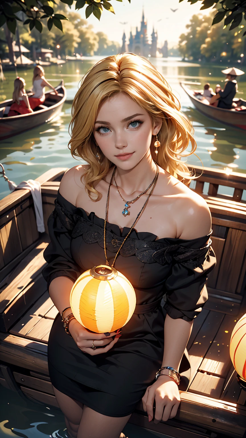 ((最high quality, 8K, masterpiece: 1.3, Ultra HD, high quality, 最high quality, High resolution, realism)) 、A 22-year-old extremely beautiful white woman、Hair color blonde、blue eyeedium Hair、Straight Hair、smile、Slender but well-proportioned body、Background blur((depth of field))、aerial perspective((atmospheric perspective))、I want my head to stay off screen、Wearing accessories on the wrist、Put an anklet on your ankle、Wearing red nail polish、I have a peticure、Disney((Disney))Tangled、Blonde long hair、Wear an off-the-shoulder dress、smile、A lake in the forest、A boat floating in the middle of a lake、Looking up at the many lanterns flying in the night sky