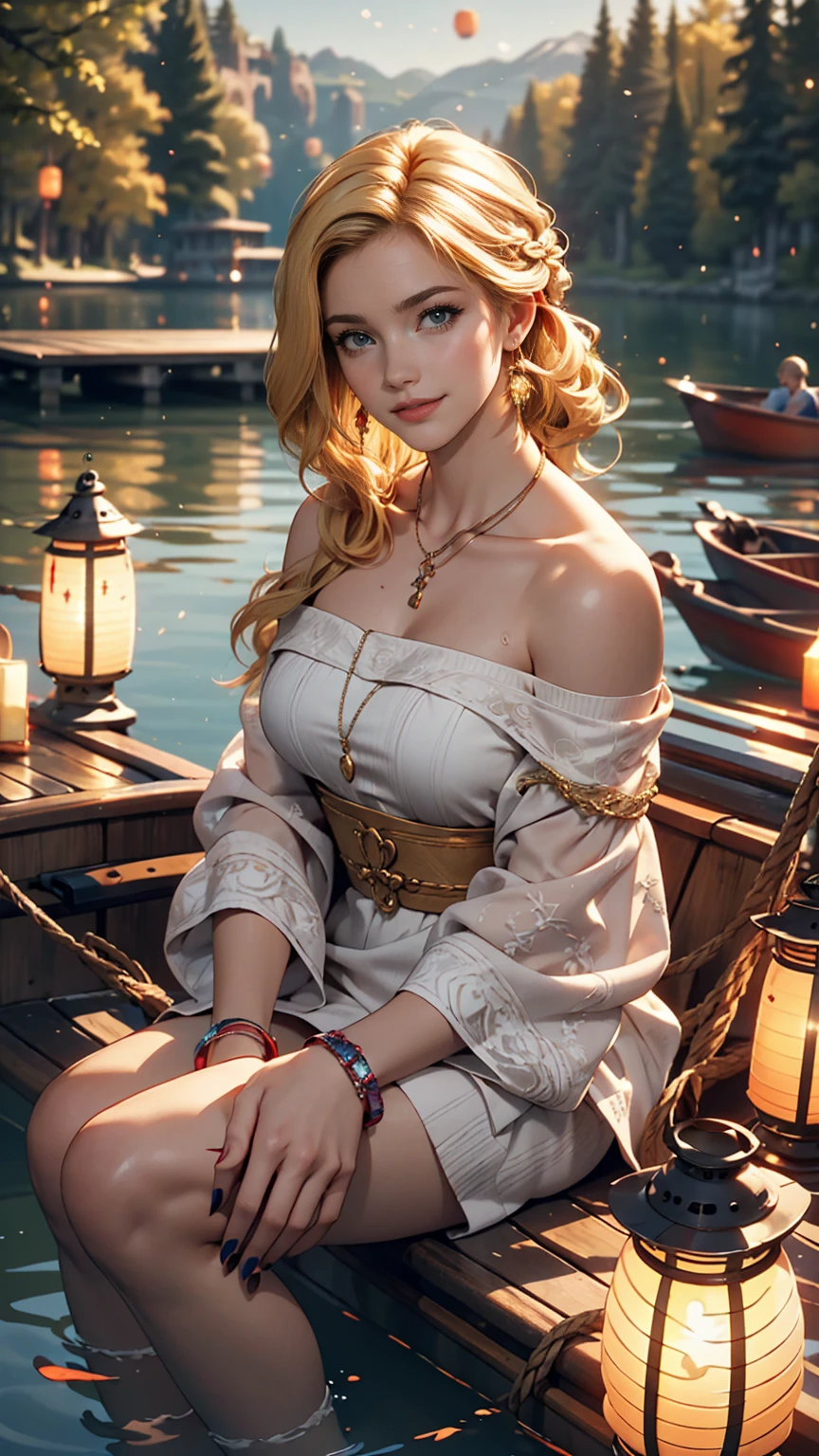 beautiful ginger women in detailed dress at cozy detailed cruising ship, air above hair, IPA award wining, masterpiece, ultimate lighting, art by top 5 artstation artists, spectacular sun set view, sunset colors, shy, smiling, blushing, light play