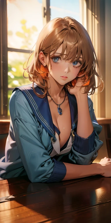 Blue-orange curls are curved inward，，There is a strong sense of freshness and freshness,girl with,((serafuku)), hands on one's face, Elbows on the desk, Sit up, ‎Classroom, sunlights, window, see the beholder, Face in Love, I can see the cleavage:1.2, The finest beige underwear, Best Quality,Ultra-detailed, High resolution, extremely details CG, Unity 8k wallpaper, Caustics, textile shading, super detailed skin, Perfect Anatomy, Detailed, Cinematic lighting, Dynamic lighting, Beautiful detailed eyes, (top-quality), (ultra-detailliert), (masuter piece), (hight resolution), (Original), Character Design, Game CG, Detailed Manga Illustration, Realistic head-to-body size ratio:1.2