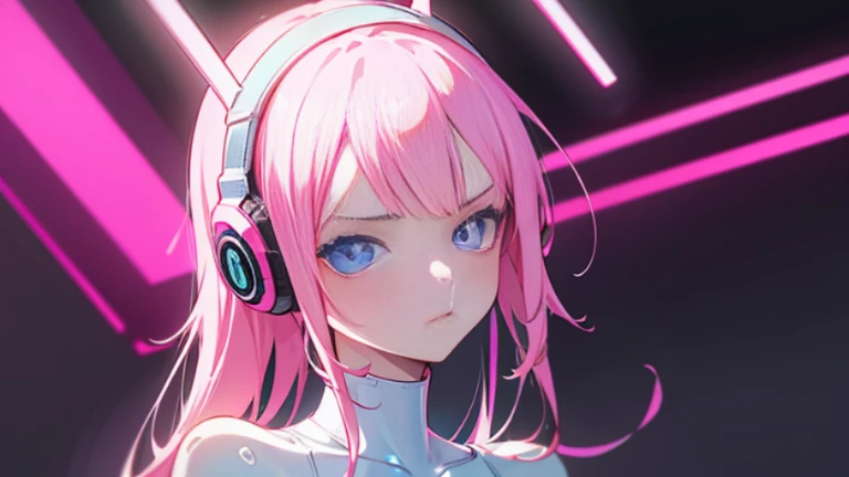 1 girl,Exquisitely Shining Eyes, Headphones,pink neon ,Android, 女性Android , cyber punk,((White one piece swimsuit)),Rubber bodysuit, club,Dim lighting, neon signs,fc portrait, neon,cyber punk, Futuristic