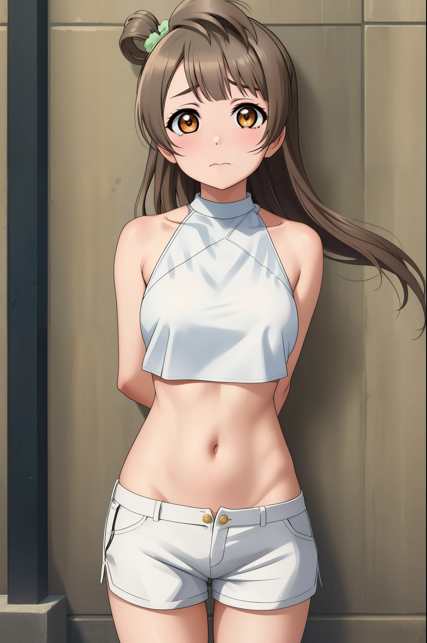 Masterpiece,solo focus, looking at viewer, before crying,minami kotori, cowboy shot,white shorts, crop top, halter neck, arms behind back,in street, thighs , groin 