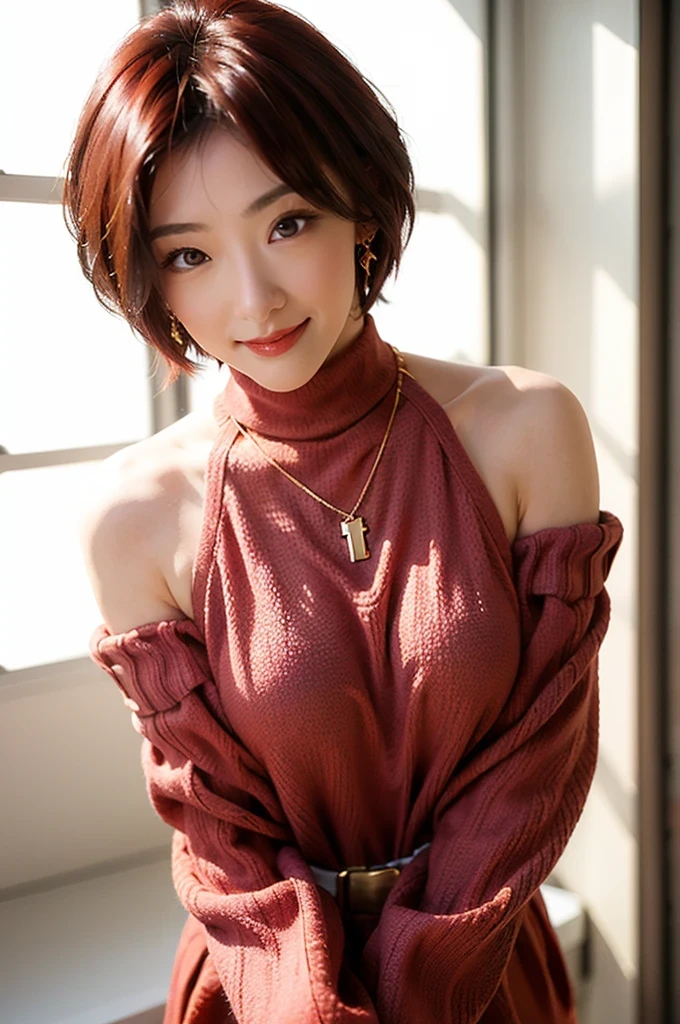 (red lips:1.4), full body, (turtleneck cable knit oversize sweater dress:1.2), , 1girl,solo,
(8k, RAW photo, best quality, masterpiece:1.3),(realistic, photo-realistic:1.37),realistic skin texture,(photorealistic:1.3),(hyperrealistic:1.2), (short hair:1.4) , seducting pose, (red colored clothes:1.7), (red hair:1.7), (seducting smile:1.4), (detached sleeves:1.4), (cheek dimples:1.4), (narrow shoulders:1.7), earrings, golden necklace,