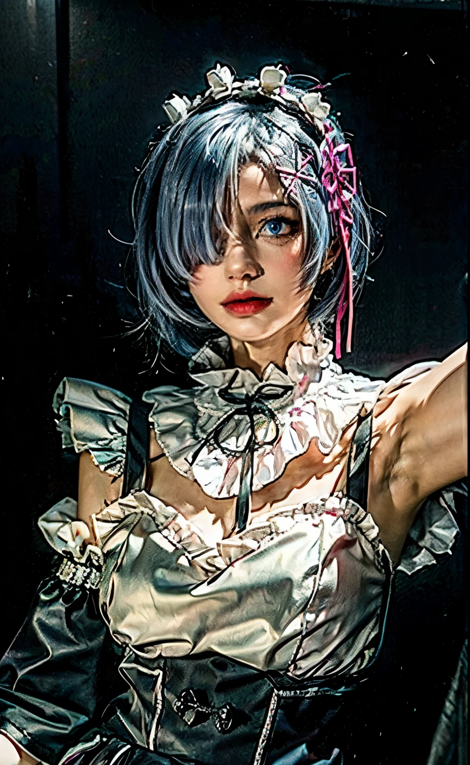 highest quality, masterpiece, Ultra-high resolution, RAW Photos, beautifully、aesthetic,Deep Shadow, Dark Theme,(Realistic:1.4),
R_and_Meters, One girl, Mouth closed, Blue Short Hair, blue eyes, Hair on one eye, hair ornaments, pink hair ribbon, Rem&#39;s maid outfit, Removable sleeves, 
Elegant calm, An exciting atmosphere, A magnetic being, sophisticated seduction, fascinating mystery,