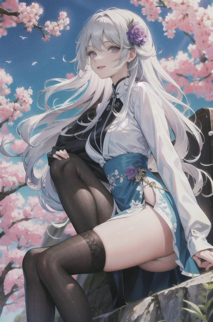 masterpiece, Excellent, daytime, outdoor, Falling Flowers, Branches, Chinese, China, 1 girl, Perfect Woman, woman with silver hair, Gray blue eyes, Light pink lips, cold, Serious, Prosperity, Purple Eyes, White clothes, Black clothing series, Delicate face, Delicate face, Sitting Legs, Smile，Short skirt，nice ass，Beautiful ass，The skirt is not finished.