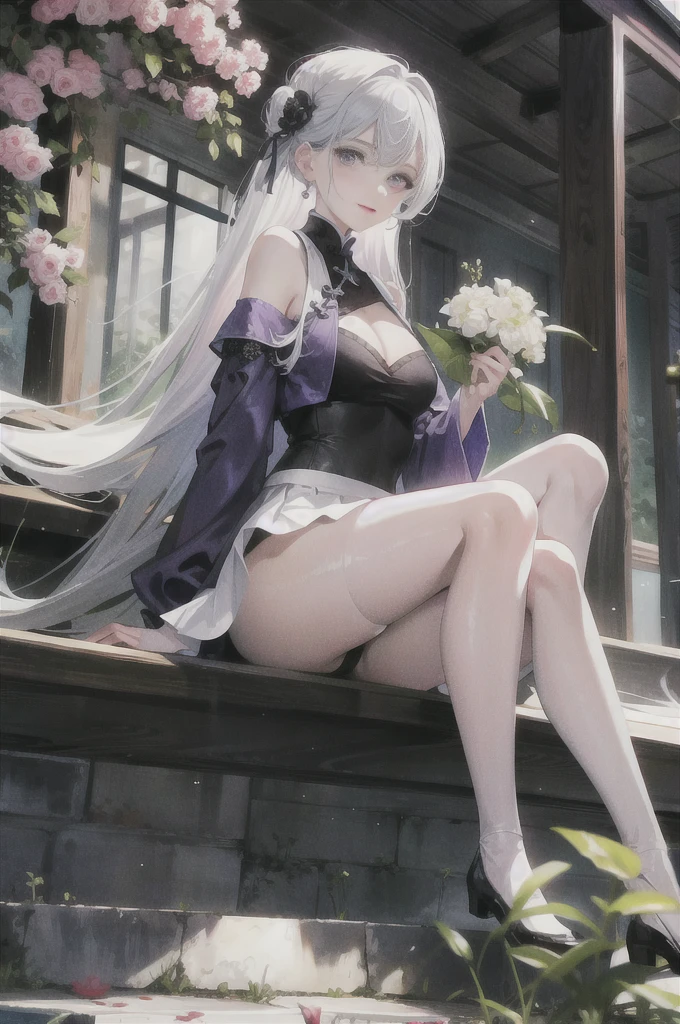 masterpiece, Excellent, daytime, outdoor, Falling Flowers, Branches, Chinese, China, 1 girl, Perfect Woman, woman with silver hair, Gray blue eyes, Light pink lips, cold, Serious, Prosperity, Purple Eyes, White clothes, Black clothing series, Delicate face, Delicate face, Sitting Legs, Smile，Short skirt，nice ass，Beautiful ass，The skirt is not finished.