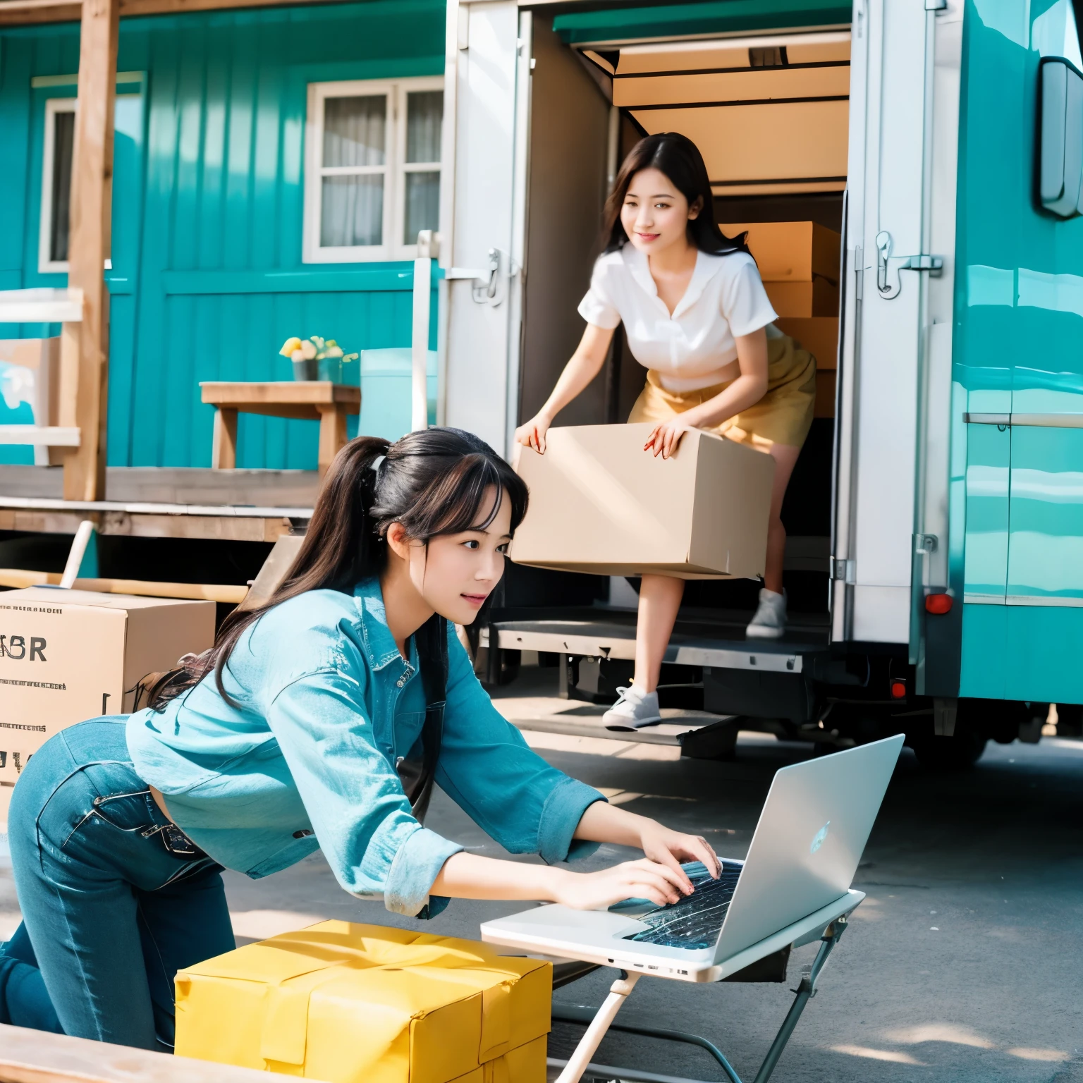 Beautiful woman moving house with a laptop
