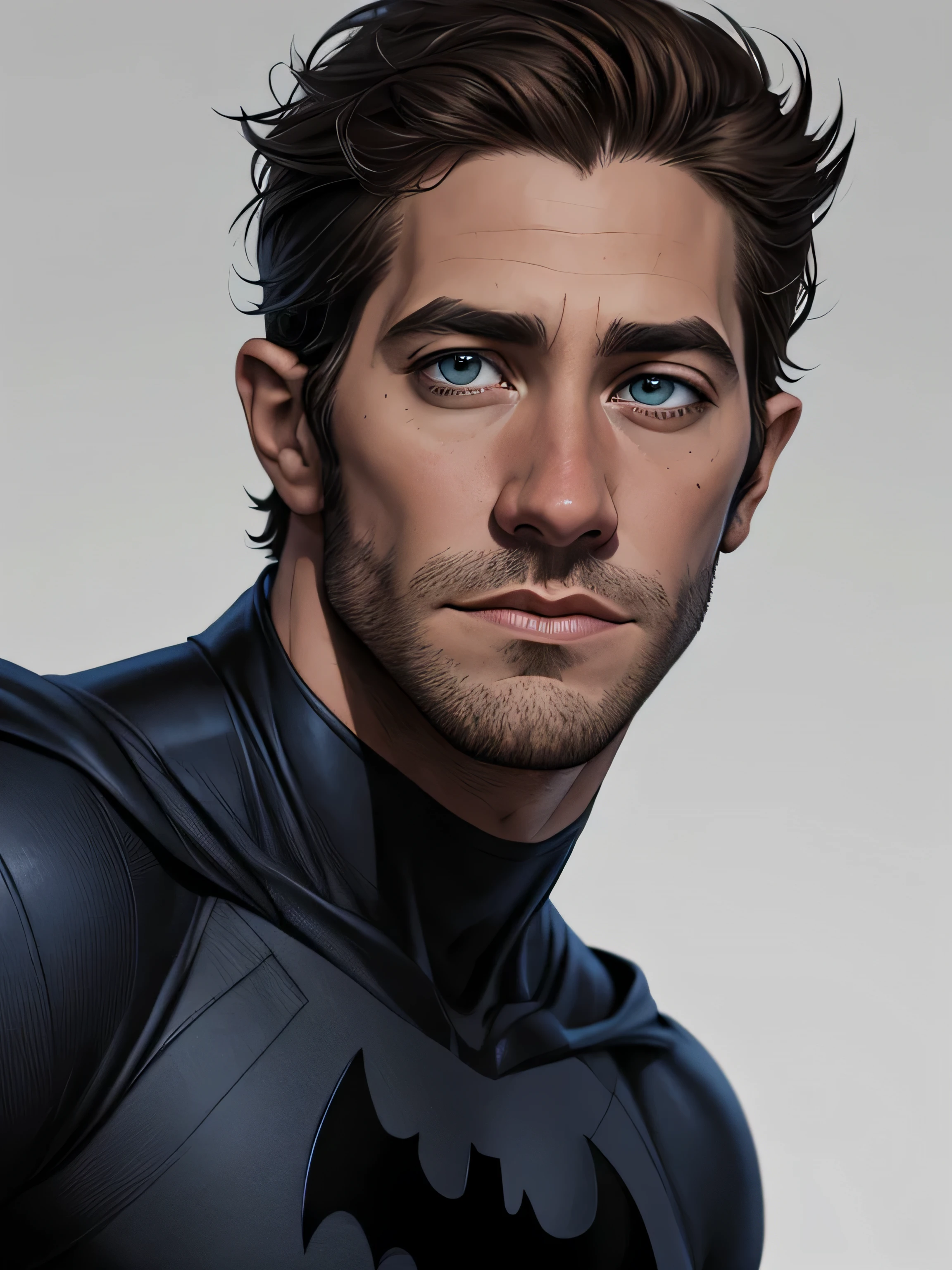 Jake Gyllenhaal as Batman , white background , realistic character style , realistic art , bat logo