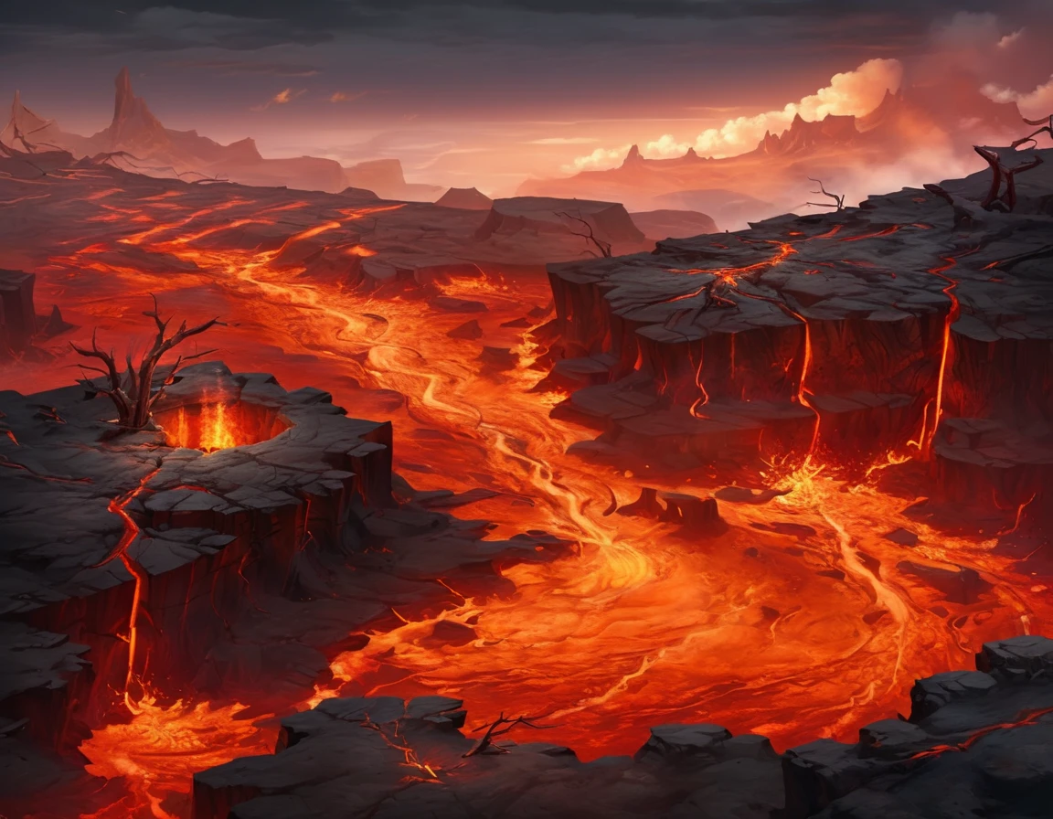 scene concept, lava field, 3d rendering, realistic style, ultra-clear detail, masterpiece, high quality, lava, solo, landscape, dead tree, outdoor, cliff, clouds, fire, science fiction, sky, pit, top view