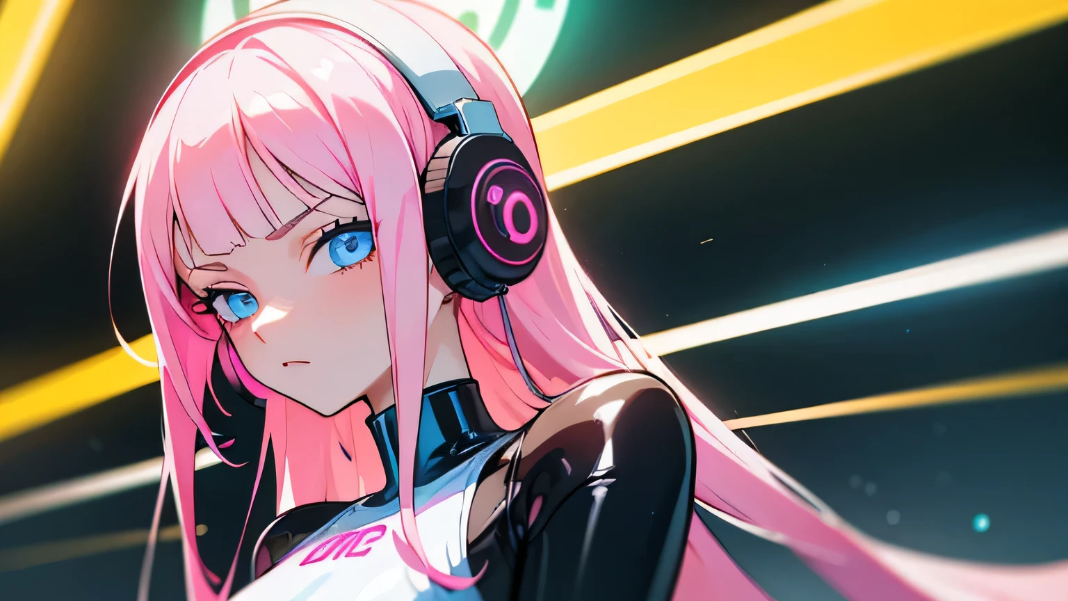 1 girl,Exquisitely Shining Eyes, Headphones,pink neon ,Android, Female Android , cyber punk,((White one piece swimsuit)),Rubber bodysuit, club,Dim lighting, neon signs,fc portrait, neon,cyber punk, Futuristic