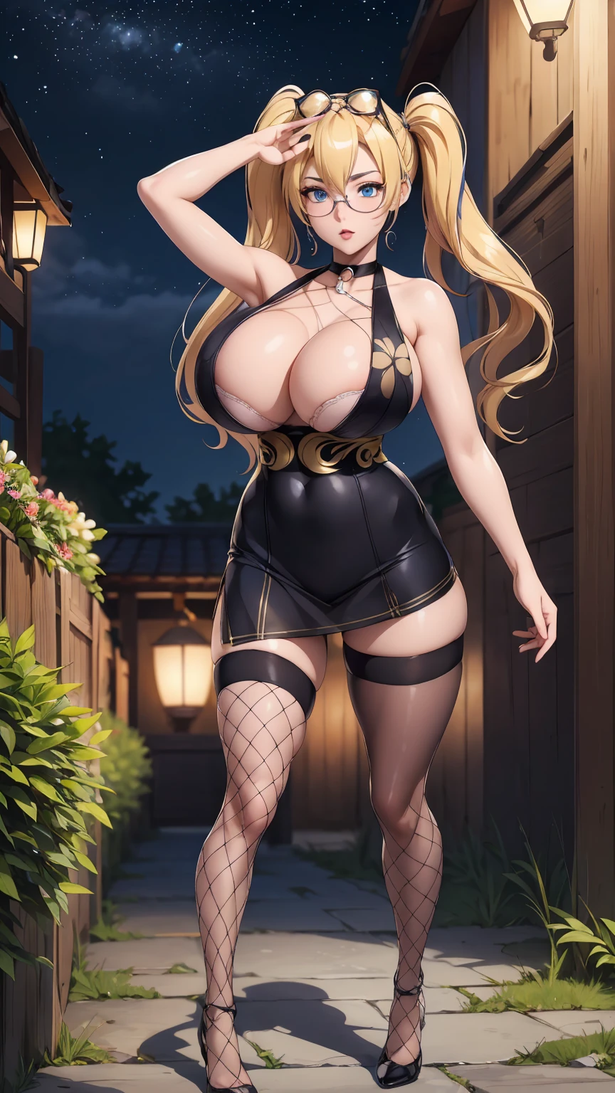 masterpiece, ultra high-quality, extremely detail 8k cg, high resolution, 1girl, narukouzumaki, twintails, wisker marks, blonde hair, blue eyes, perfect eyes, thin body, huge breasts, fakebreasts, outfit-kungfubremerton, eyewear on head, tutututu, fishnet pantyhose, high heels, choker, beautiful face, outdoors, garden, night time, full shot photo, full body