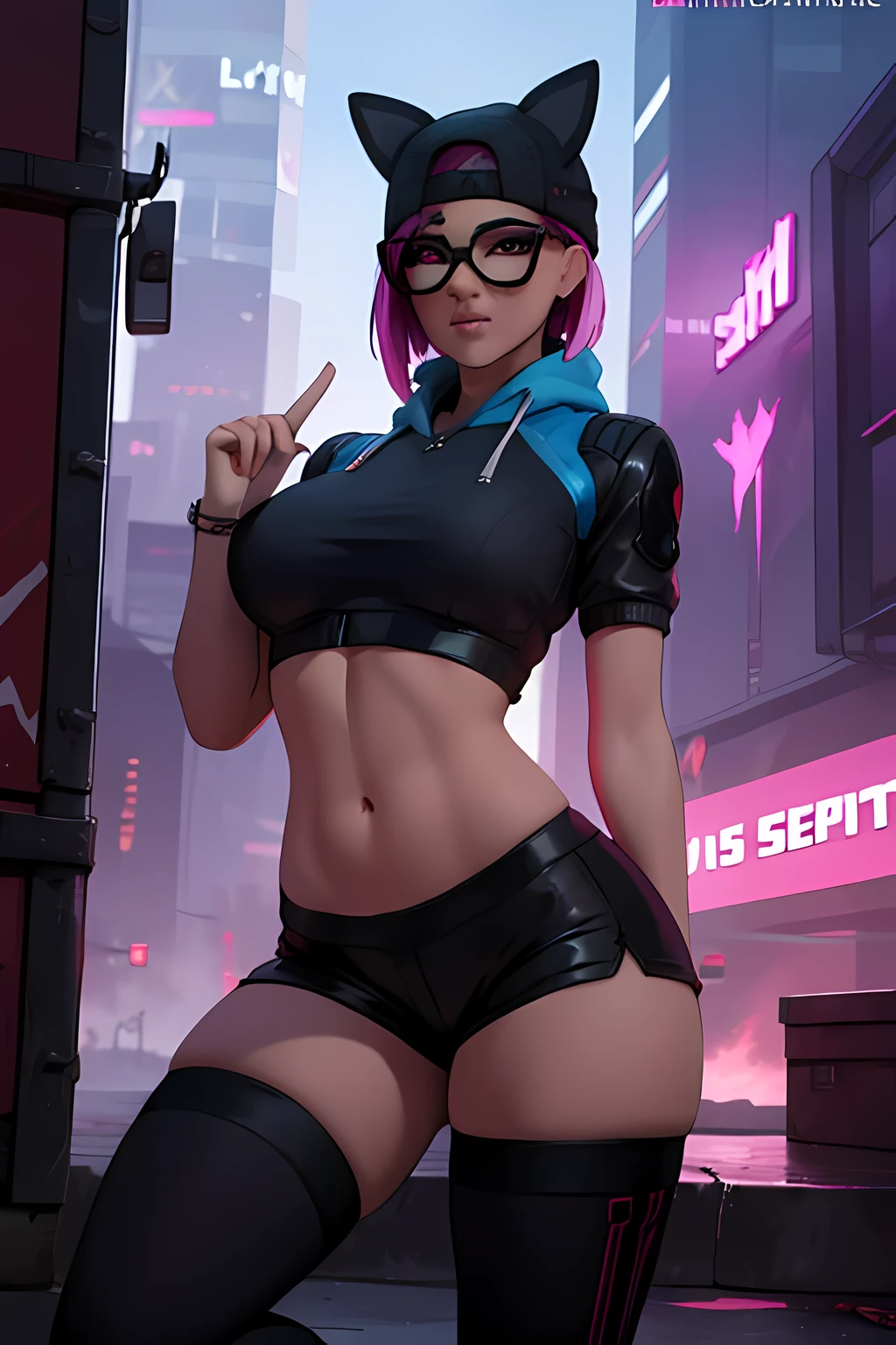 😻 lynx Cyberpunk, Noche, pulsera de picos,gorro , shorts negro con Azul leggins Negro ,chaqueta azul oscuro ,Extremadamente detallado, rostro detallado, gafas ,hermoso rostro, ojos finos, mirando al espectador, pose femenino