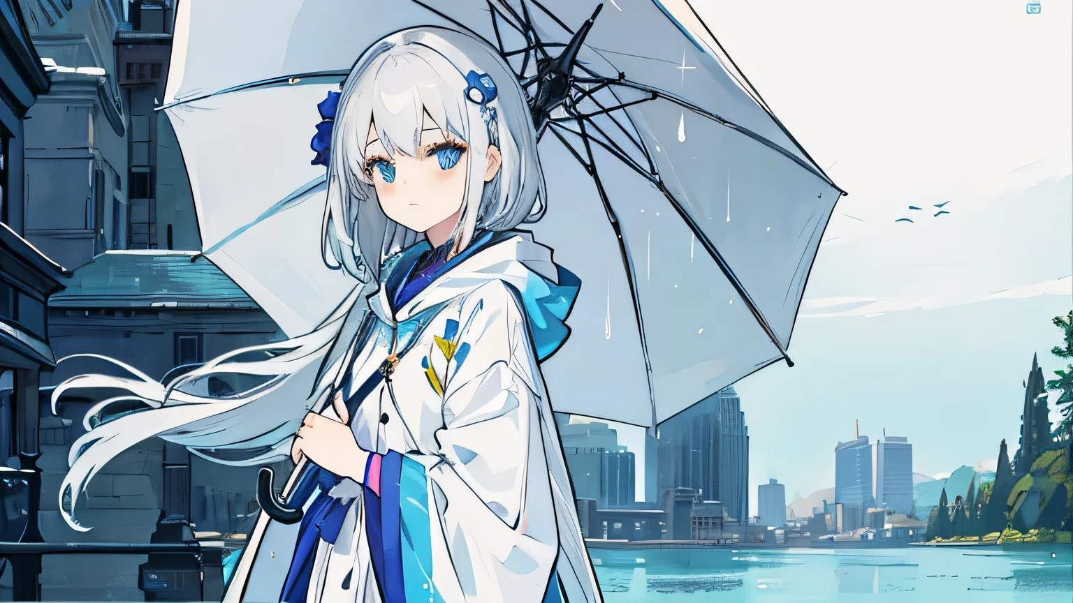 girl,Silver Hair,rainy season,Blue Eyes,Hair is shoulder length,umbrella