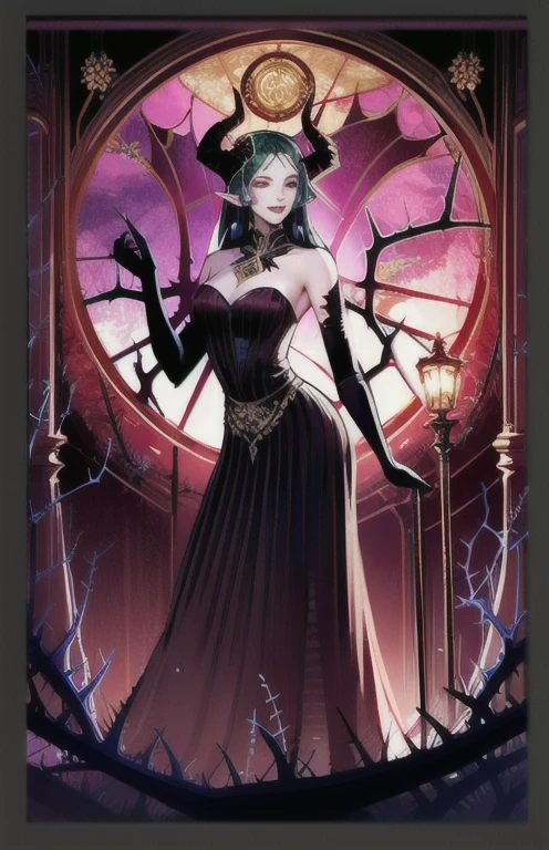 Concept art,tarot cards,borders,European patterns,1girl,dress,solo,long hair,stained glass,magic,breasts,long dress,horns,lipstick,thorns,gloves,bare shoulders,elbow gloves,