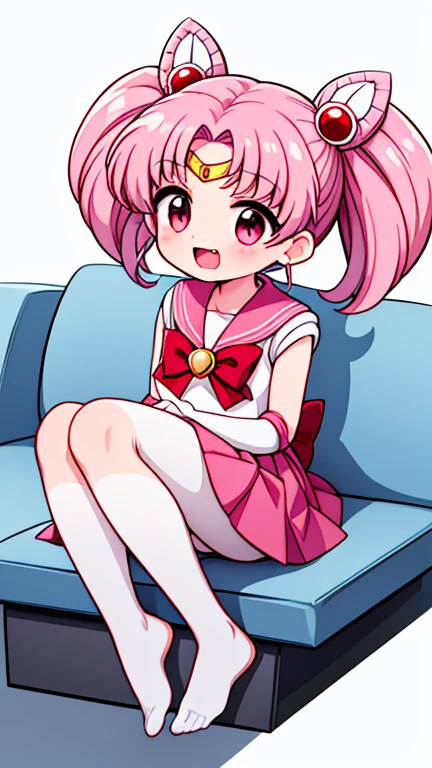 Sailor Moon,young年,Seven years old,cute,(Little ),Pink hair twintails,short hair,Sailor Suit,Red bow,White elbow gloves,Red Skirt,No shoes,Open your mouth,laughing out loud,Fangs,(White pantyhose),soles of feet,Soles,(young),(little man),sit