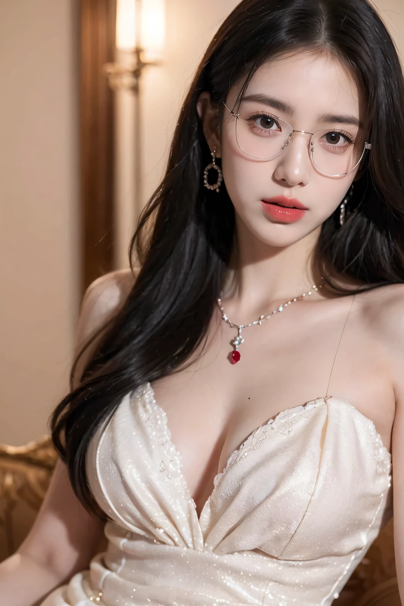 Top CG, Highest image quality, masterpiece, Gentle beautiful girl, (185cm美女), (fit), Imperial sister, Queen temperament, White skin, ((Long legs)), perfect facial features, Bright Eyes, Seductive pose, Red lips, Beautiful and cold (A major breakthrough)), Beautiful and heroic, Soft and long hair, sparkling, Lace, net, Visible through clear skin, wear glasses, diamond earrings, ruby neckLace, (evening dress), 8K Image Quality, (Realistic Portraits), Characters fill the screen, (Facial lighting), ((Everlasting)