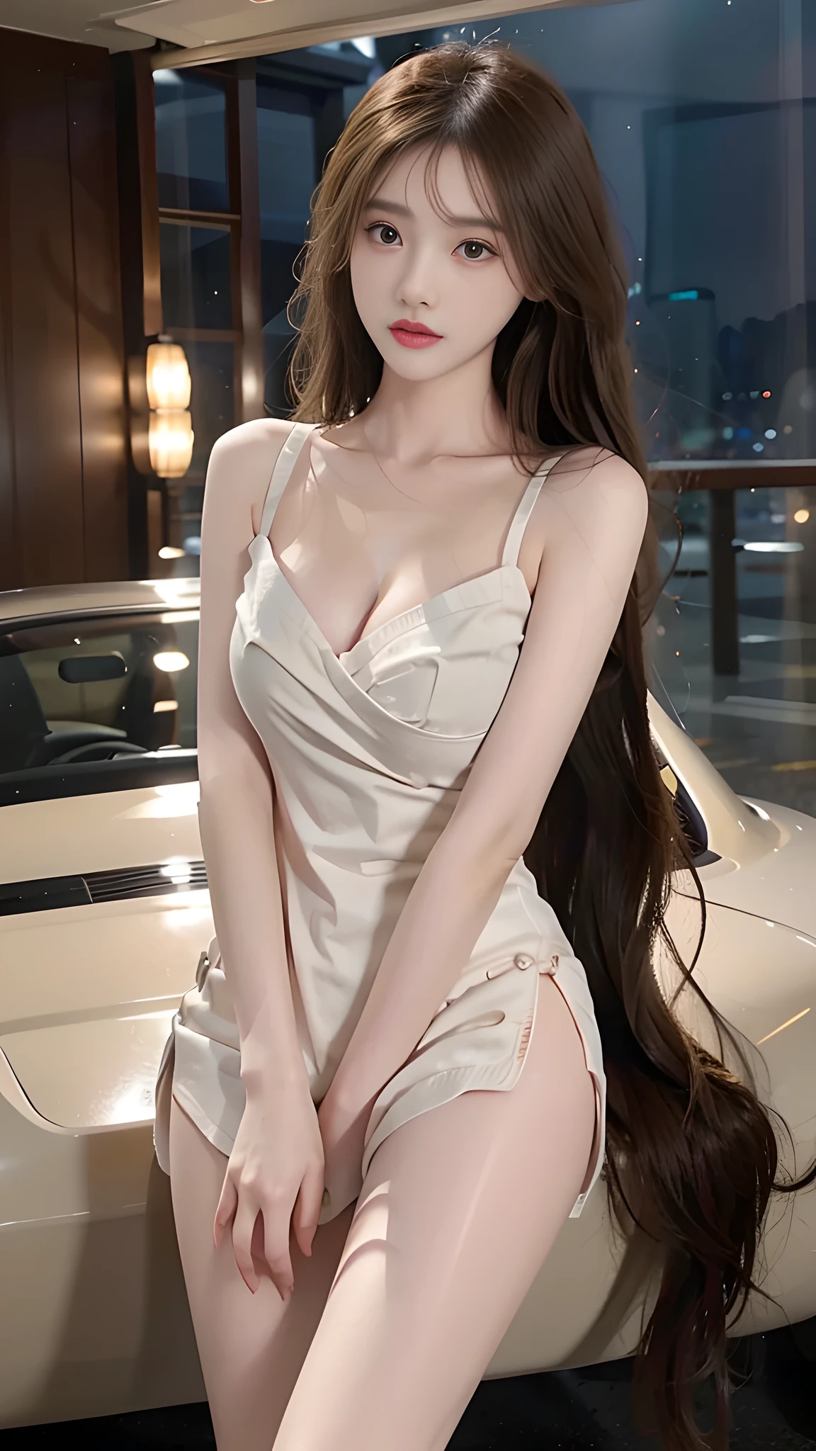 full hd 8k, Girl standing in front of a dark night scene, full moonlight reflecting on her beautiful face. Her long, silky hair was gently blown by the night wind, creating a gentle and romantic feeling. Next to her is a luxury car, showing her success and class. She looked up at the starry sky, as if searching for something, her eyes showed contemplation and loneliness. The full moon shines in the night sky creating a beautiful scene. The girl has long, silky hair, creating a luxurious and noble beauty. The moonlight shines on the girl's delicate face, highlighting her large, round light brown eyes, creating a natural, gentle beauty. She wore a shirt and short jeans, short jeans, showing off her seductive and luxurious beauty. Her plumble breasts were exposed, revealing her plumble and extremely sexy breasts. These images capture detailed panoramic portraits and views of the sky and cars. All create a beautiful, wonderful picture that makes people unable to take their eyes off the scene. All these details are described clearly and sharply, 