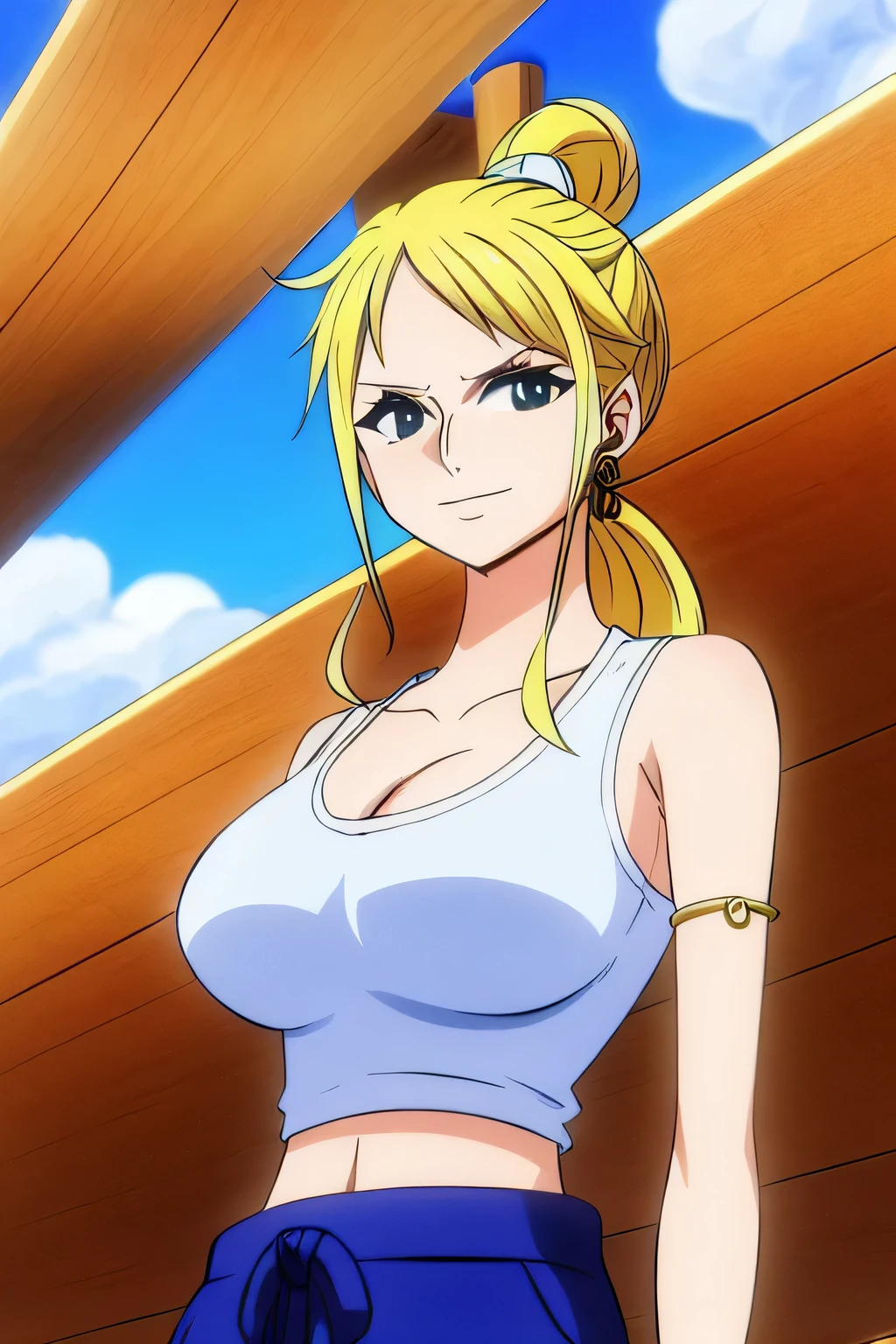 make a 2d character, woman, long hair tied up, blonde, without bangs, blue pupils, with a confident expression and older appearance, with a bracelet on her wrist, earring, with a feminine top, a pair of pants, in a ship, medium tits
