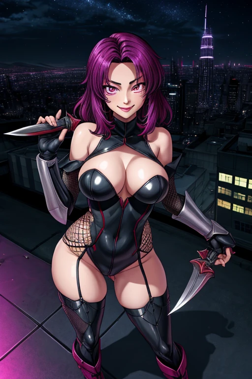 score_9, score_8_up, score_7_up, score_6_up, score_5_up, source_anime, kagami hirokata, uncensored,  BREAK
Koukawa is standing in batlle pose and holding daggers in dual wielding, dagger, holding dagger,
1girl, solo, mature female, cowboy shot, full body,
looking at viewer, smile,
purple hair, long hair,  purple eyes,
black bodysuit, gold trim, fishnets, armored boots, elbow fingerless gloves,  bare shoulders, 
 curvy, large breasts, cleavage, 
on rooftop, night, sky, neon cityscape background, 
