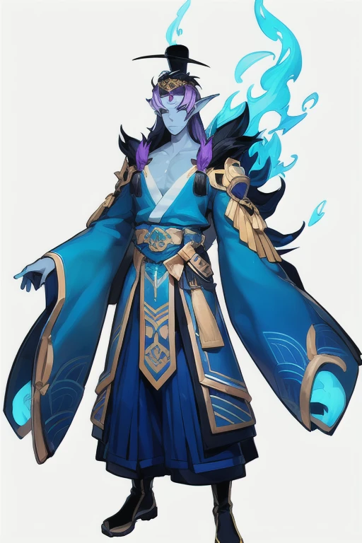 concept art, japanese 2D STYLE, GAME CHARACTER DESIGN, 1boy, MALE FOCUS, SOLO, COLORED SKIN, BLUE SKIN, WHITE BACKGROUND, STANDING, FULL BODY, POINTED EARS, SIMPLE BACKGROUND, BLACK FOOTWEAR, HAT, BLUE FIRE, FIRE, JAPANESE CLOTHES, PURPLE HAIR, LOOKING AT THE AUDIENCE, LONG HAIR, WIDE SLEEVES, BLACK TIARA