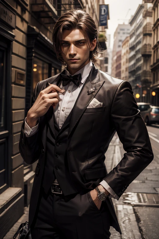 a hungarian vampire mafia boss with light brown hair, brown eyes, wearing a gray suit with withe gloves