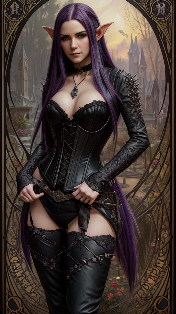 Detailed, realistic beautiful vampire gothic elf girl with bright deep purple hair in a corset and black pants with spikey black combat boots, Artgerm, Greg Rutkowski, Thomas Kinkade, Alphonse Mucha, Loish, Norman Rockwell inspired, alluring, highly detailed, Art Nouveau, fantasy, dark tones, detailed facial features, realistic hair, highres, detailed