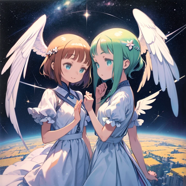 highest quality, Pastel drawing, Serene atmosphere, Twin girl angels, cute, White Wings, smile happily, brown short hair of different colors, Blue-eyed person, Green-eyed person, Dresses in different colors, Flower Hair Ornaments, Upper Body, Looking at the audience, space, meteor, Light,