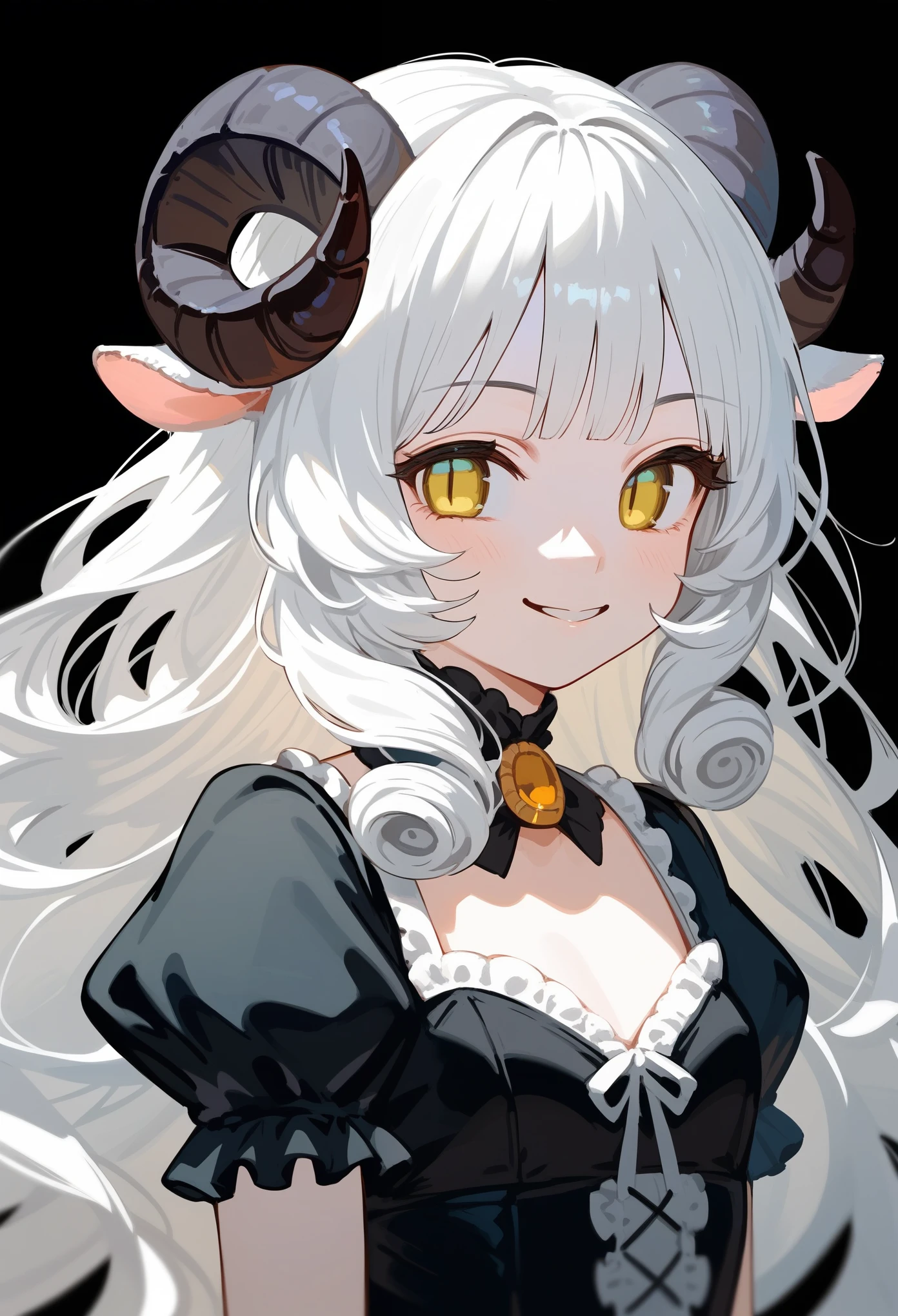 (score_9, score_8_up, score_7_up), 1girl, solo, (sheep horns, curled horns, black horns:1.2), (black sheep ears), white hair, long hair, hime cut, long bangs, pale skin, yellow eyes, evil smile, smug, small breasts, standing, ****ta fashion, (black dress, old fashioned), (white background, simple background), upper body, masterpiece, best quality