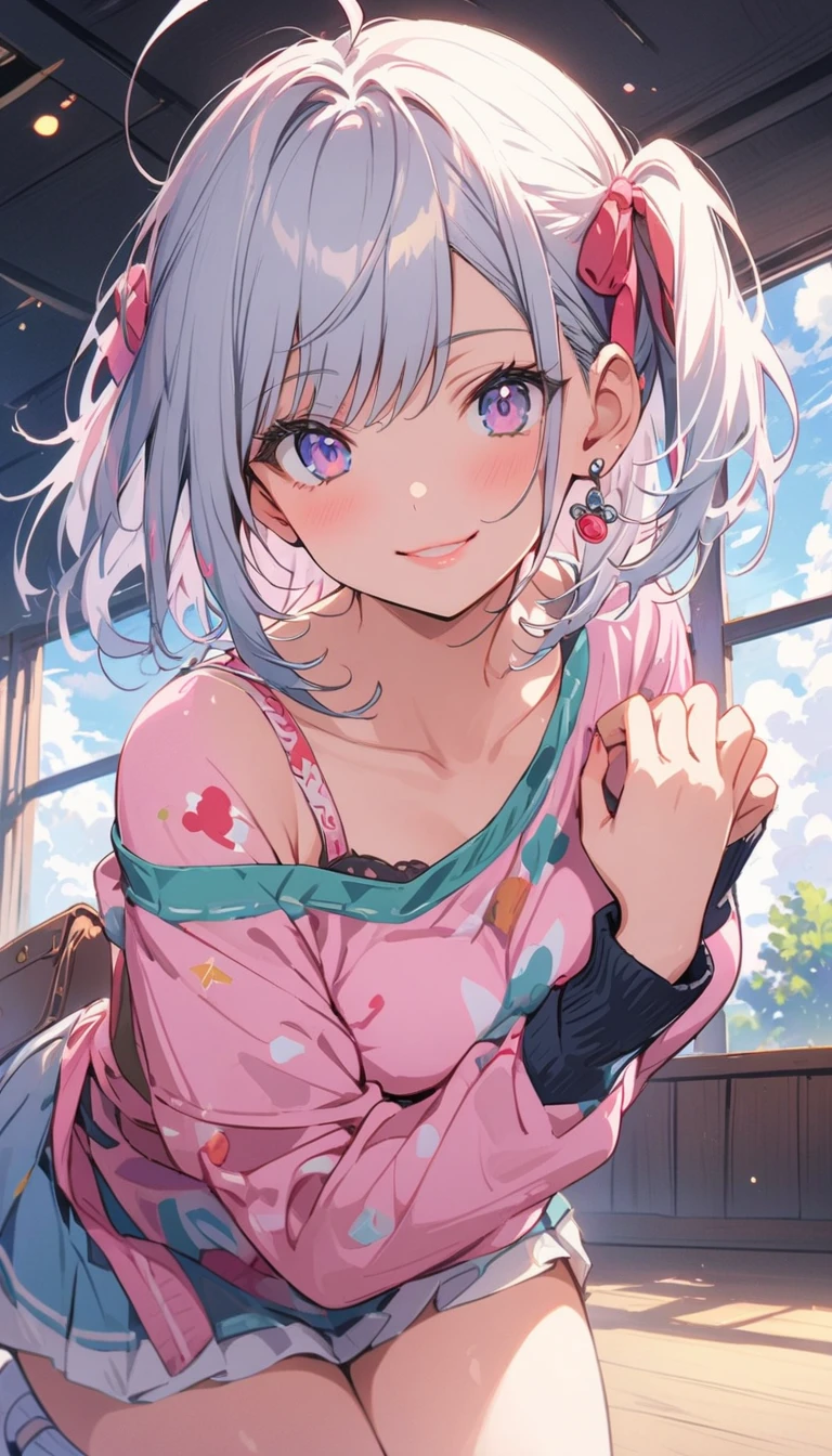 ((masterpiece)),((highest quality)),Absurd,, One girl, One boy, Squatting cowgirl, throw, , Exposed panties, , (classroom:1.1), sunlight, , (Half-closed eyes:0.4), (Lips parted:1.4), A light smile, (Nervous),(highest quality、masterpiece、High resolution、detailed)animeスタイル、flat style、(Shining Eyes、detailed美しい顔), BREAK,anime
