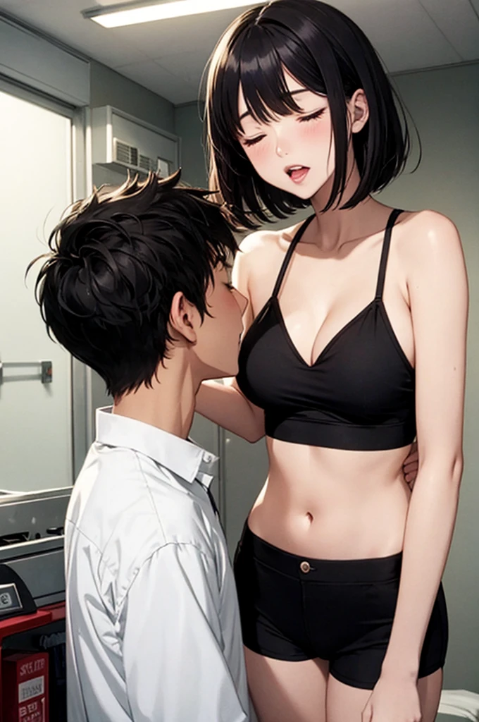 manga,1girl,a girl sleeping down,, eyes closed, mouth open, short height,black hair,short hair,tube top,hot pants,(breasts are being fondled by a man) ,room,perfect anatomy,beautiful detailed teeth, small mouth, fresh lips,beautiful lighting, volumetric lighting, sharp,