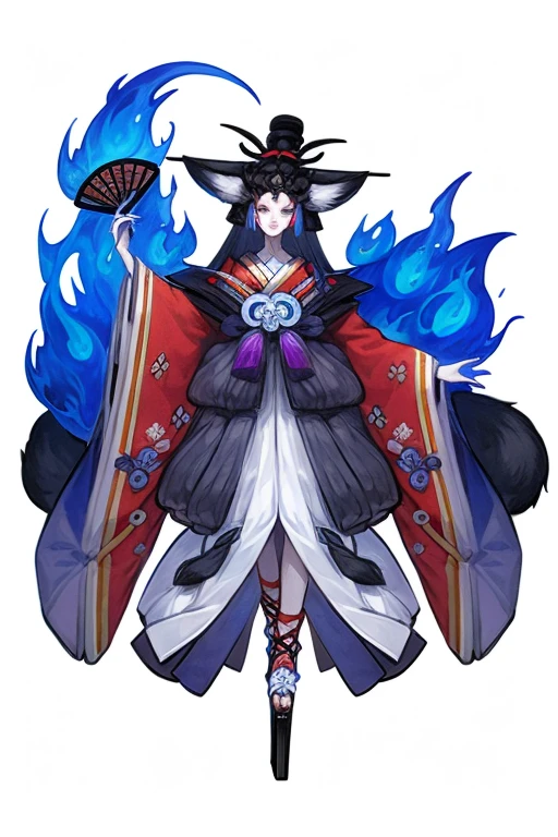 Concept art, Japanese two-dimensional style, game character design, tail, 1girl, solo, animal ears, multiple tails, fox tail, white background, simple background, fox ears, fire, japanese clothes, full body, hair ornament, platform footwear, geta, kimono, hand fan, wide sleeves, sleeves past wrists, looking at viewer, long sleeves, tassel, kitsune, bell, red kimono, folding fan, makeup, hat, black hair