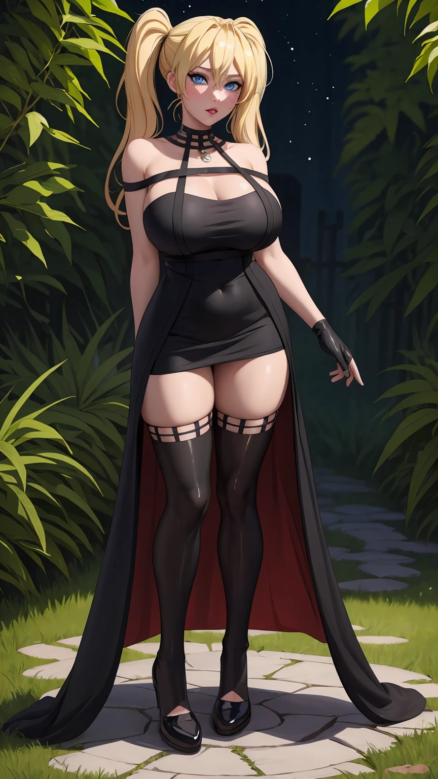 masterpiece, best quality, extremely detail 8k cg, high resolution, 1girl, narukouzumaki, twintails, wisker marks, blonde hair, blue eyes, perfect eyes, slim body, huge breasts, fakebreasts, standing, black dress, black thighhighs, black gloves, seductive face, outdoors, garden, night time, beautiful face, wide shot photo, full body