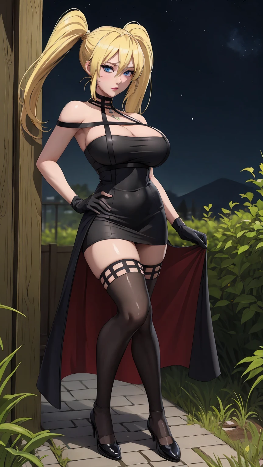 masterpiece, best quality, extremely detail 8k cg, high resolution, 1girl, narukouzumaki, twintails, wisker marks, blonde hair, blue eyes, perfect eyes, slim body, huge breasts, fakebreasts, standing, black dress, black thighhighs, black gloves, seductive face, outdoors, garden, night time, beautiful face, wide shot photo, full body