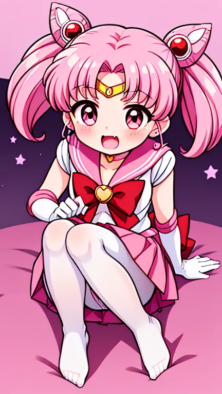Sailor Moon,young年,Seven years old,cute,(Little Loli),Pink hair twintails,short hair,Sailor Suit,Red bow,White elbow gloves,Red Skirt,No shoes,Open your mouth,laughing out loud,Fangs,(White pantyhose),soles of feet,Soles,(young),(little man),sit