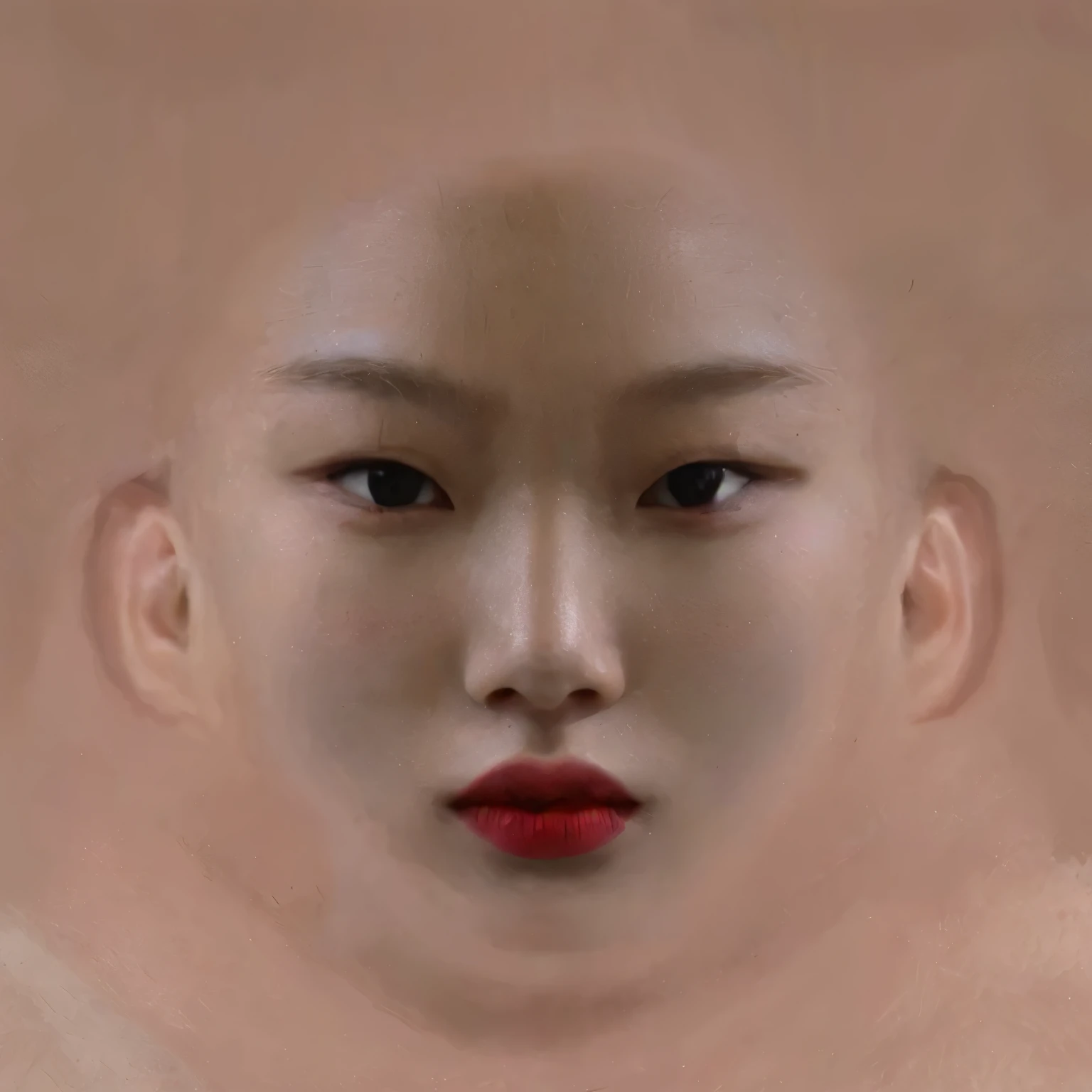 arafed image of a woman with a red lip and a bald head, korean symmetrical face, asian face, symetrical face, south east asian with round face, face morph, oriental face, detailed face of a asian girl, ultra high face symmetry, symmetrical facial feature, symmetric portrait, inspired by Jin Nong, symmetrical face, face symmetrical