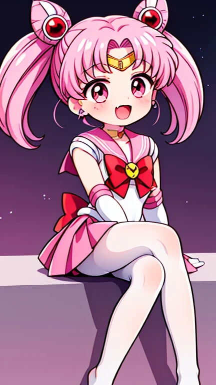 Sailor Moon，young年，，cute，（Little Loli），Pink hair twintails，short hair，Sailor Suit，Red bow，White elbow gloves，Red Skirt，No shoes，Open your mouth，laughing out loud，Fangs，(White pantyhose),soles of feet，Soles，(young)，(little man)，sit