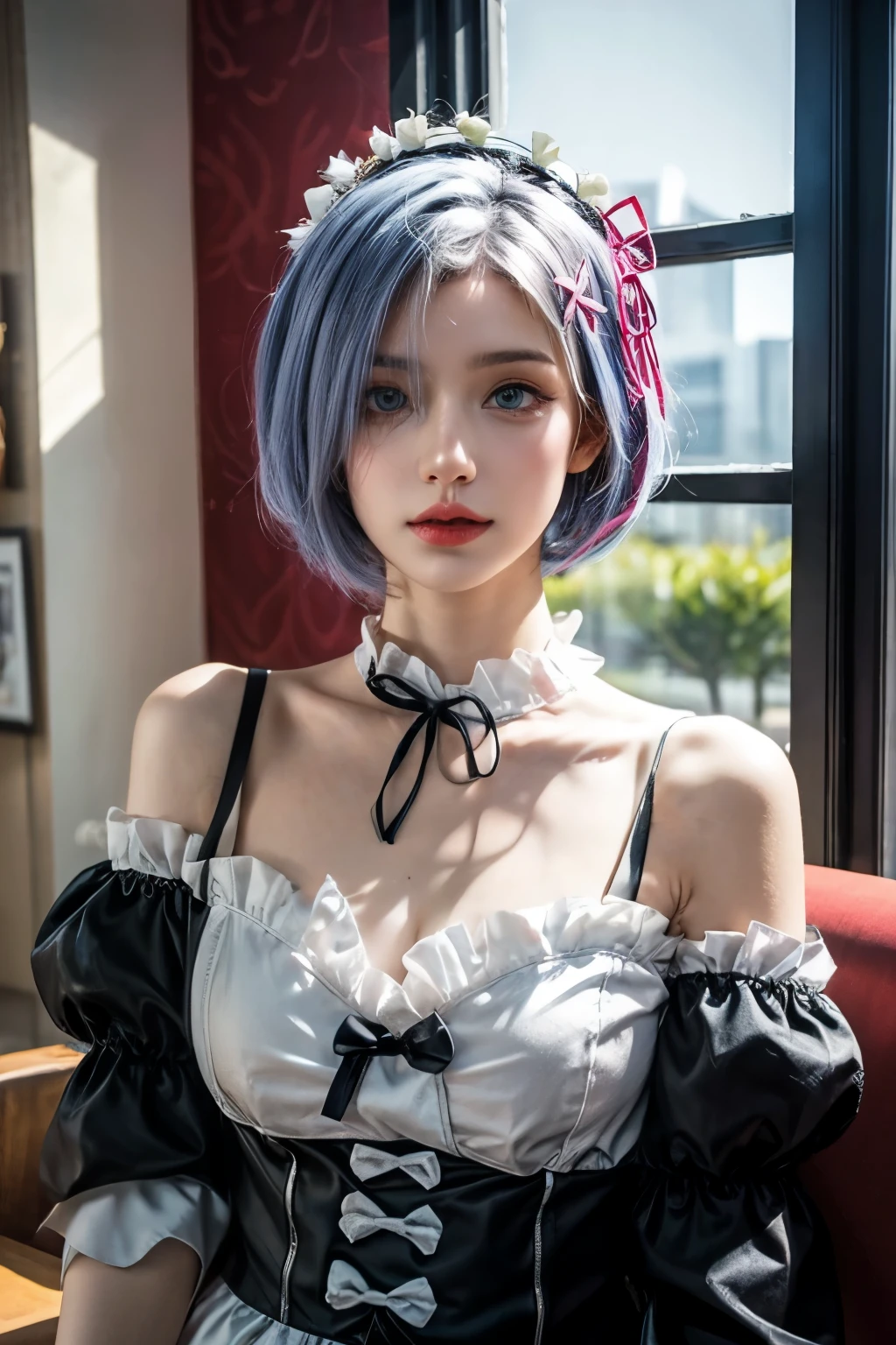 R_E_M, 1girl,(beautiful face:1.25) short blue hair, blue eyes, hair over one eye, hair ornament, pink hair ribbon, rem's maid uniform, detached sleeves, (realistic:1.7),((best quality)),absurdres,(ultra high res),(photorealistic:1.6),photorealistic,octane render,(hyperrealistic:1.2), (photorealistic face:1.2), (8k), (4k), (Masterpiece),(realistic skin texture), (illustration, cinematic lighting,wallpaper),( beautiful eyes:1.2),((((perfect face)))),(cute),(standing),((looking at viewer)),(dynamic pose:1.3), upper body, standing,indoors, living room, sofa, tables, window