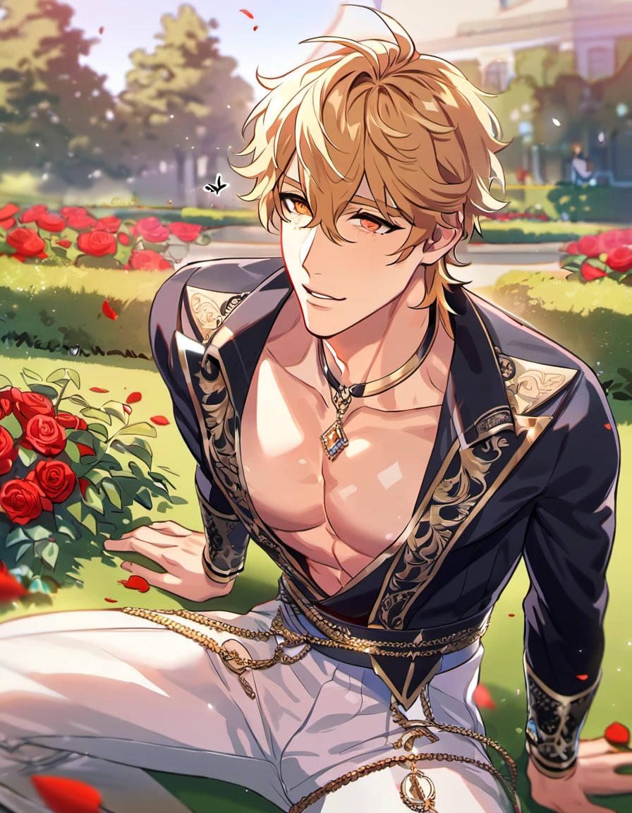 absurdres, highres, ultra detailed, HDR, master piece, best quality, Quincy, blond messy hair, expressive orange eyes, Nu Carnival, solo, sexy man, handsome, fantasy black prince clothes, white pants, accessories, showing the chest, garden, red roses, red petals